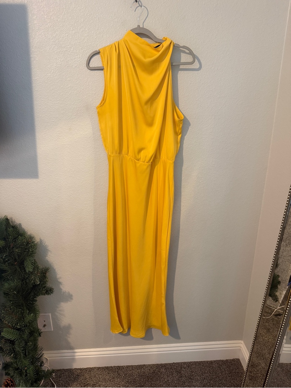 Sleeveless Yellow Midi Dress with Draped Neckline